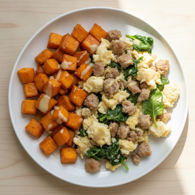 Egg White and Turkey Sausage Scramble with Spinach and Roasted Sweet Potato