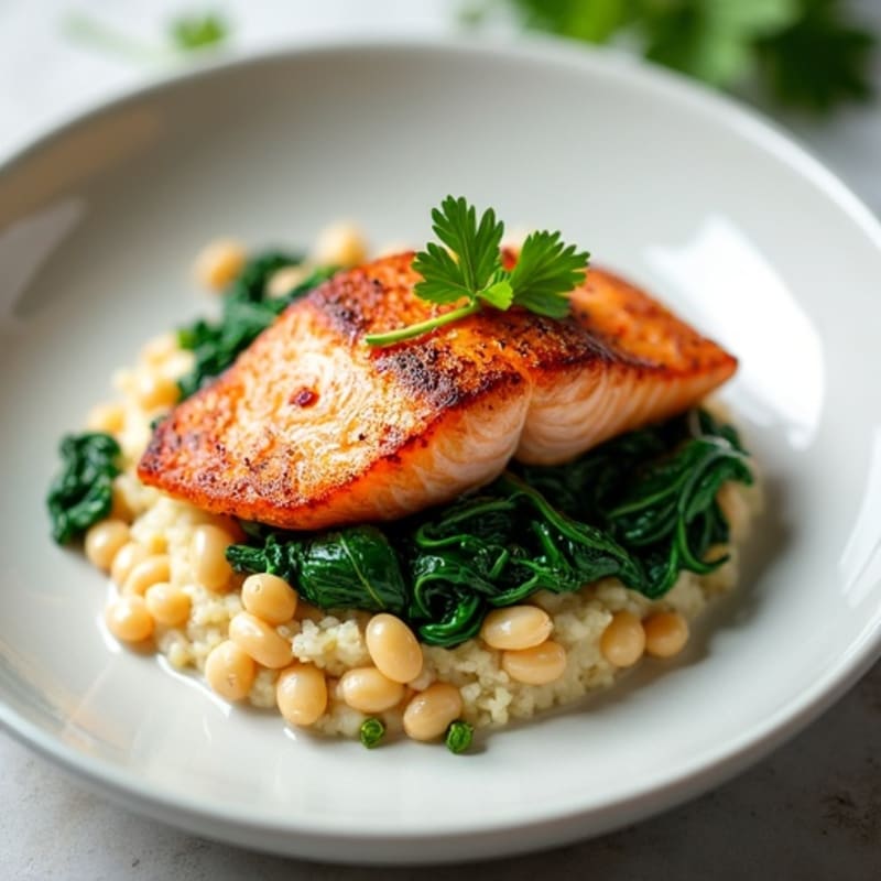 Seared Salmon Fillet with Creamy White Bean Mash and Sautéed Spinach