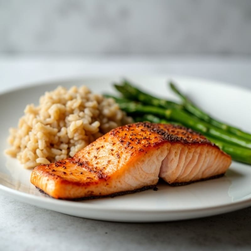 Seared Salmon Filet with Steamed Asparagus and Brown Rice