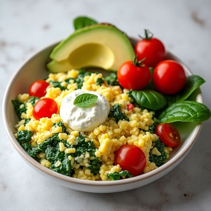 Egg White Spinach Scramble with Cottage Cheese and Cherry Tomatoes