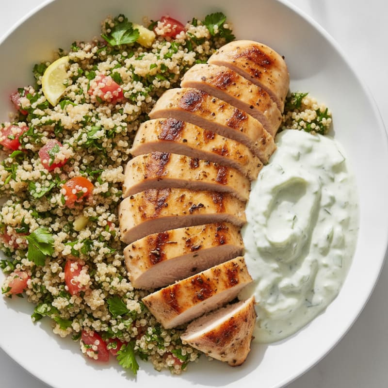 Grilled Lemon Herb Chicken with Quinoa Tabbouleh and Cucumber Yogurt Sauce