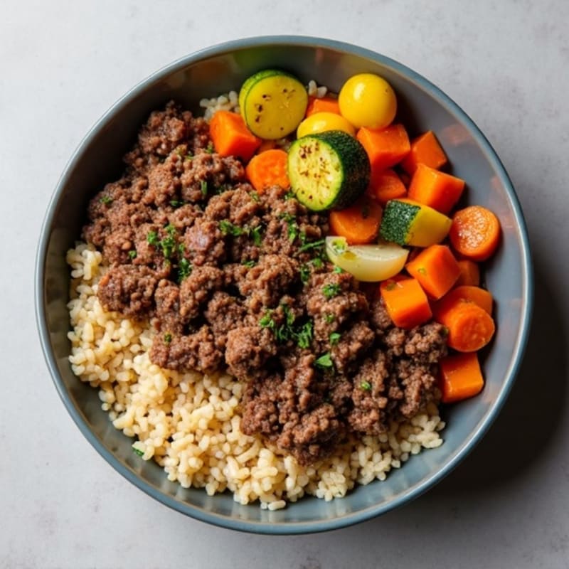 Lean Ground Beef and Rice Bowl with Roasted Vegetables