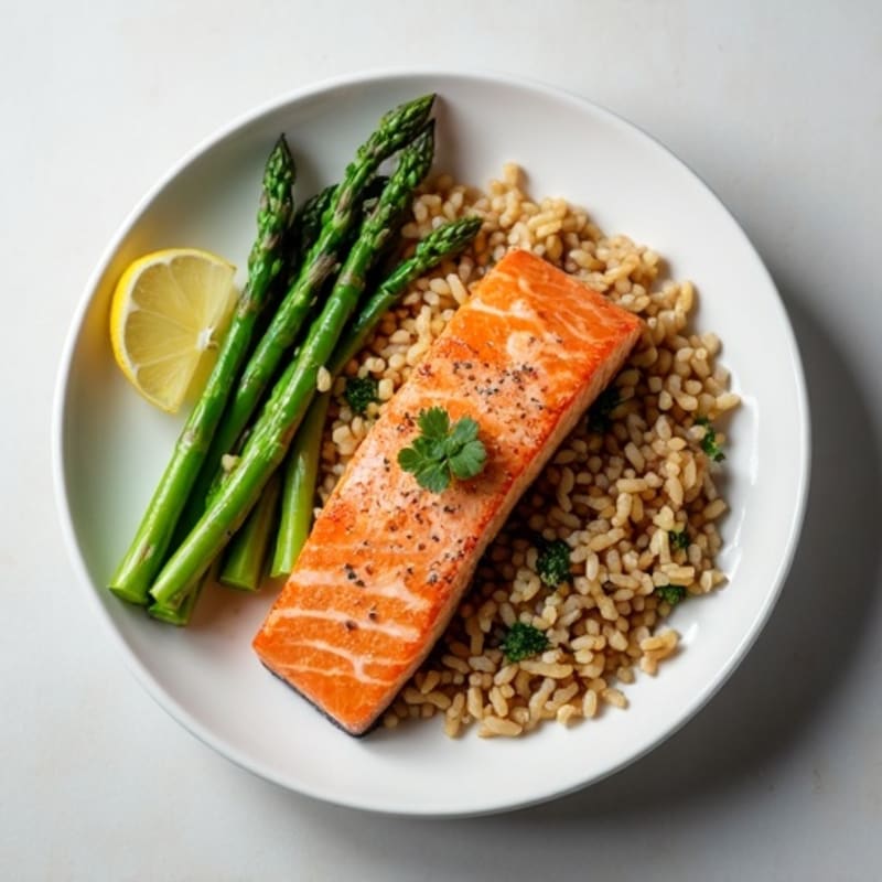 Seared Salmon Fillet with Steamed Asparagus and Brown Rice