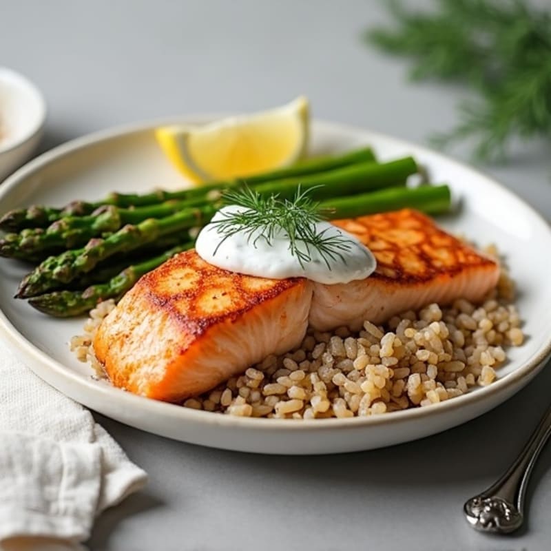 Seared Salmon Fillet with Brown Rice and Steamed Asparagus