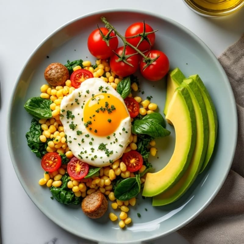 Egg White and Turkey Sausage Scramble with Spinach, Tomatoes & Avocado