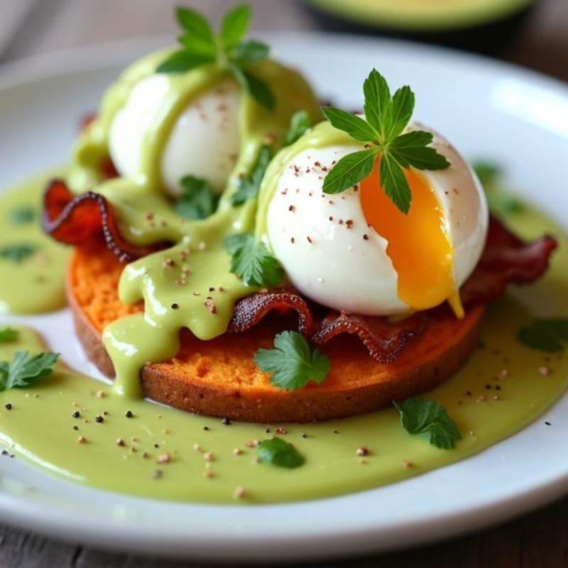 Poached Eggs with Crispy Turkey Bacon and Creamy Avocado Sauce on Roasted Sweet Potato Rounds