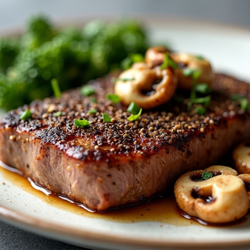 Black Pepper Crusted Steak with Garlic Mushrooms