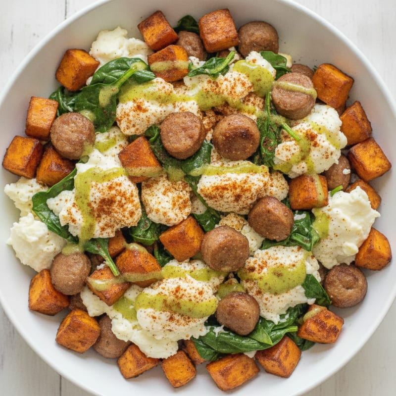 Scrambled Egg White and Turkey Sausage Bowl with Spinach and Sweet Potato