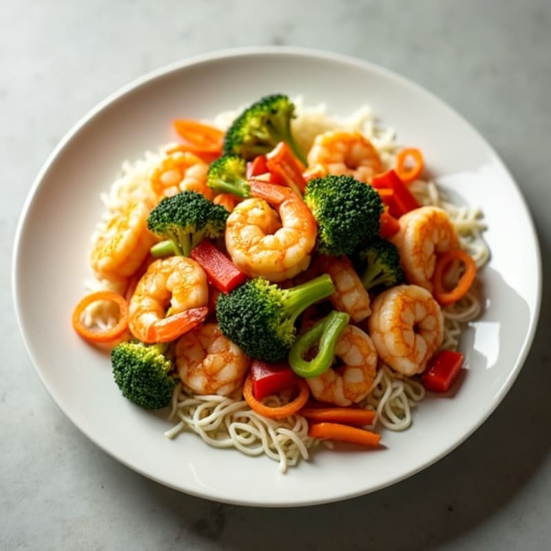 Shrimp Stir-Fry with Tangy Peanut Rice Noodles and Crisp Vegetables