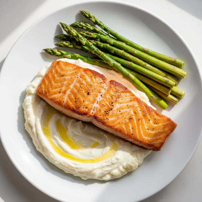 Seared Salmon with Steamed Asparagus and Garlic Mashed Cauliflower