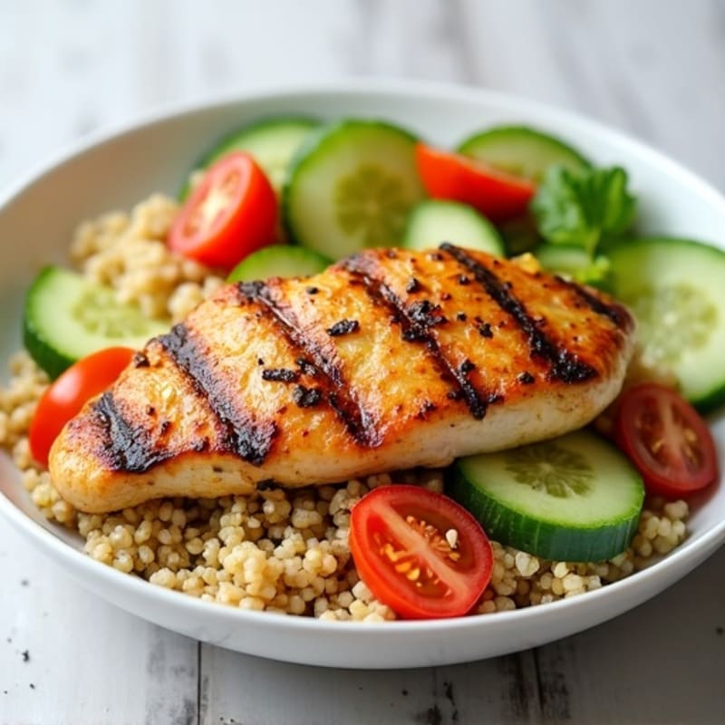 Grilled Chicken Breast with Quinoa and Fresh Cucumber Tomato Salad