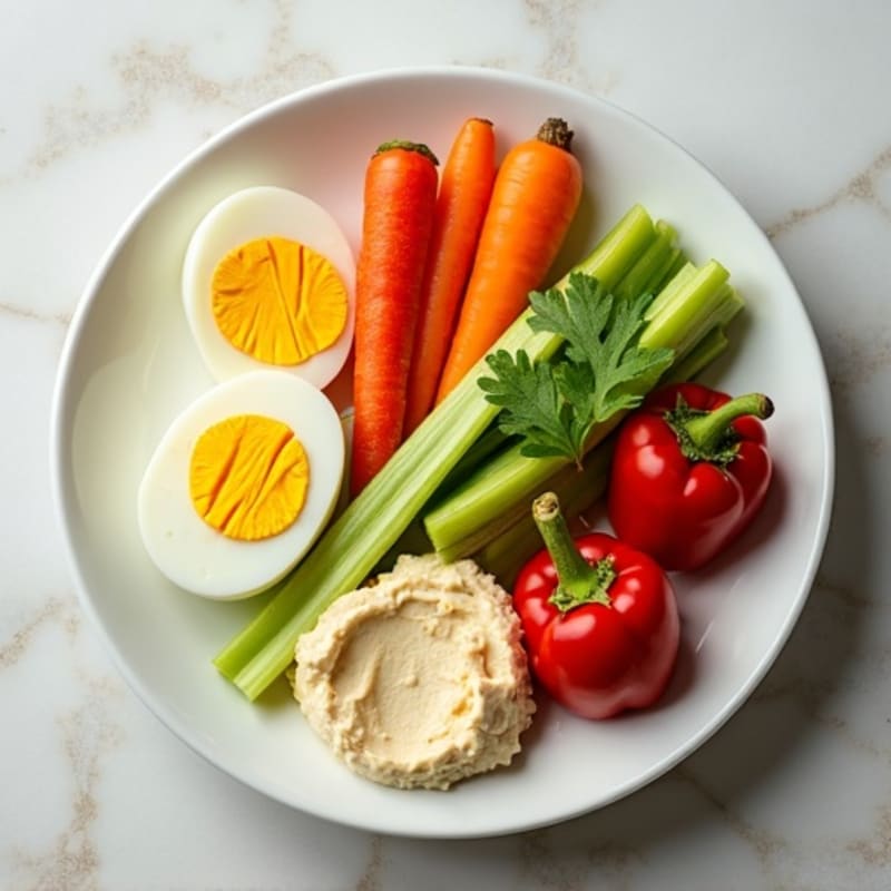 Hard-Boiled Egg and Crunchy Veggie Snack Plate with Creamy Hummus