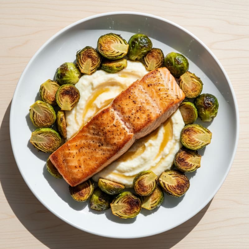 Seared Salmon with Roasted Brussels Sprouts and Cauliflower Mash