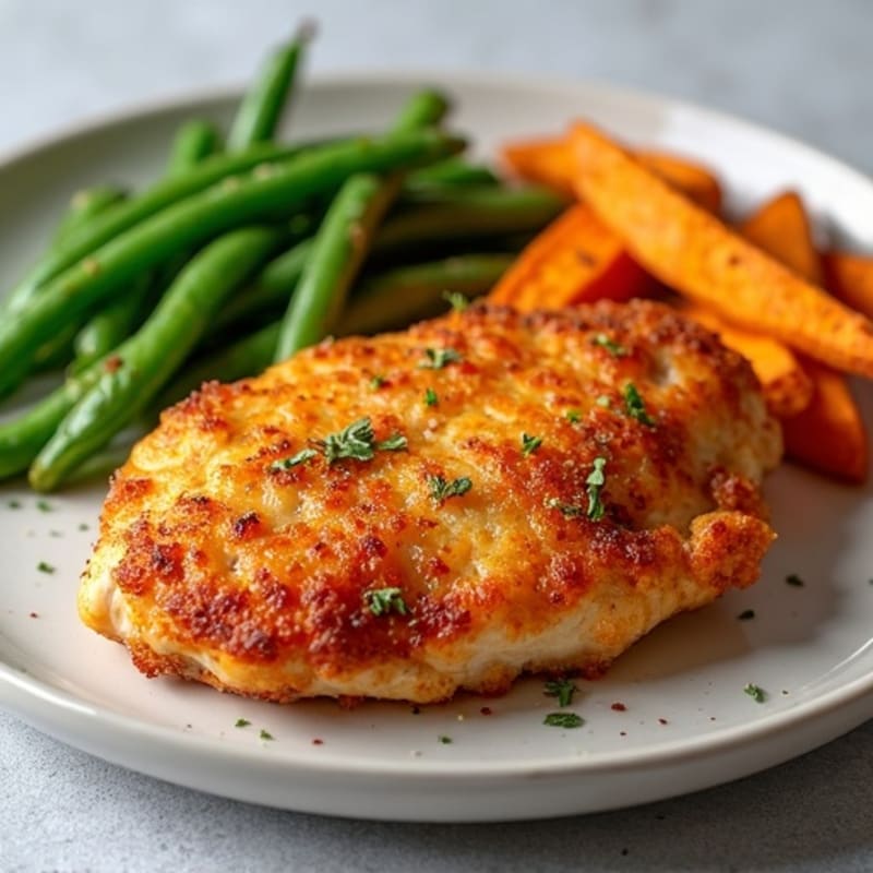 Crispy Baked Chicken with Roasted Sweet Potato Fries and Green Beans