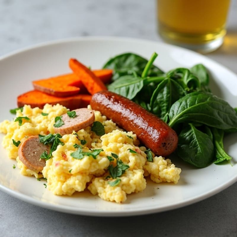 Egg White and Turkey Sausage Scramble with Spinach and Roasted Sweet Potatoes