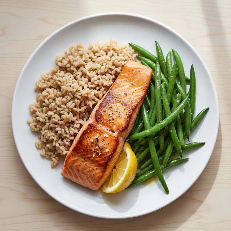 Seared Salmon Fillet with Steamed Green Beans and Brown Rice