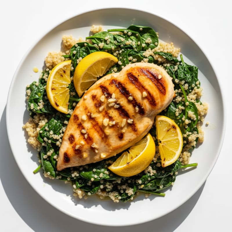 Grilled Lemon Garlic Chicken with Quinoa and Spinach