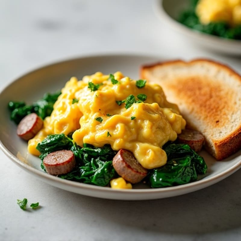 Egg White and Turkey Sausage Scramble with Sautéed Spinach