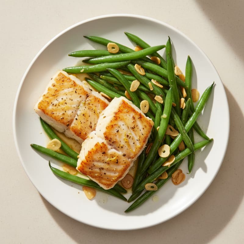 Pan-Seared Fish with Garlic Green Beans