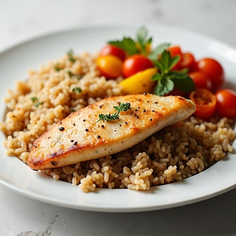 Pan-Seared Chicken with Brown Rice and Roasted Vegetables