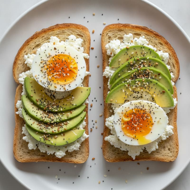 Cottage Cheese Sourdough Toast with Soft Boiled Eggs and Sliced Avocado