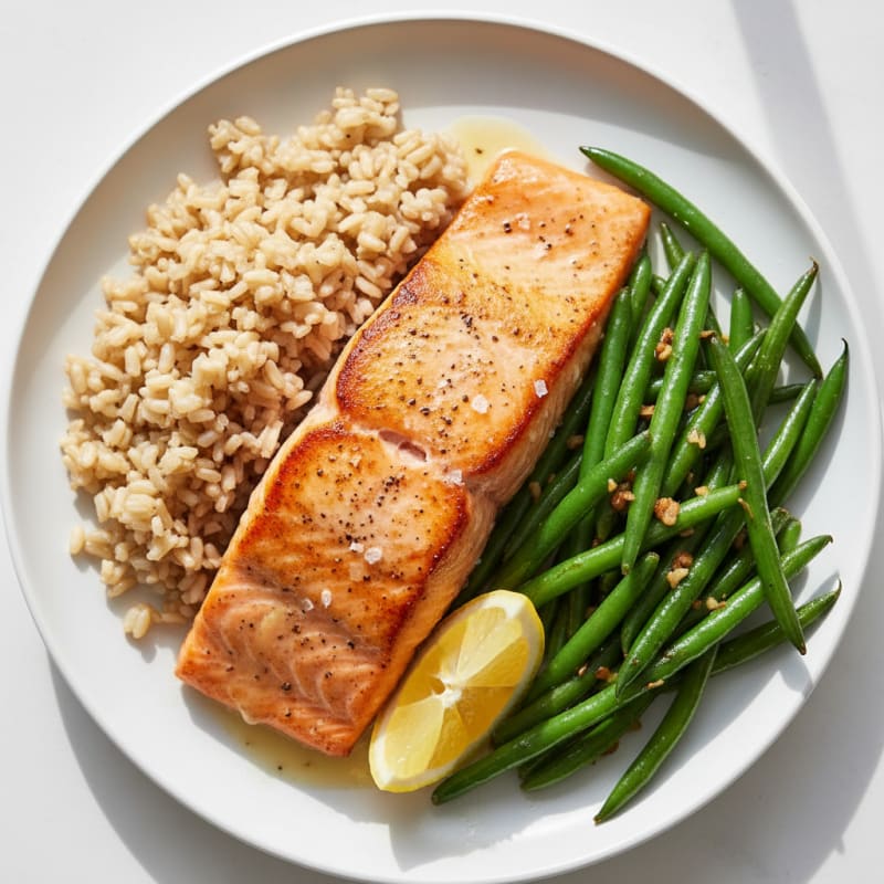 Seared Salmon with Garlic Green Beans and Brown Rice
