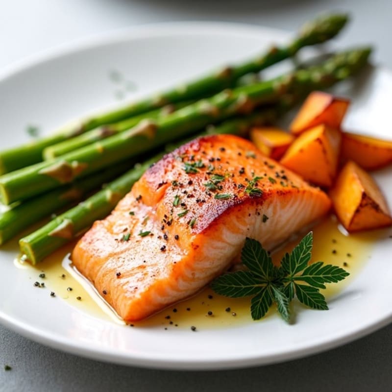 Flaky Baked Salmon with Roasted Asparagus and Sweet Potatoes