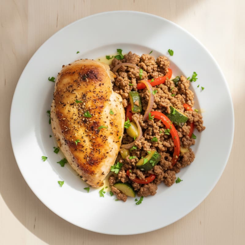 Herb-Roasted Chicken with Ground Beef Skillet