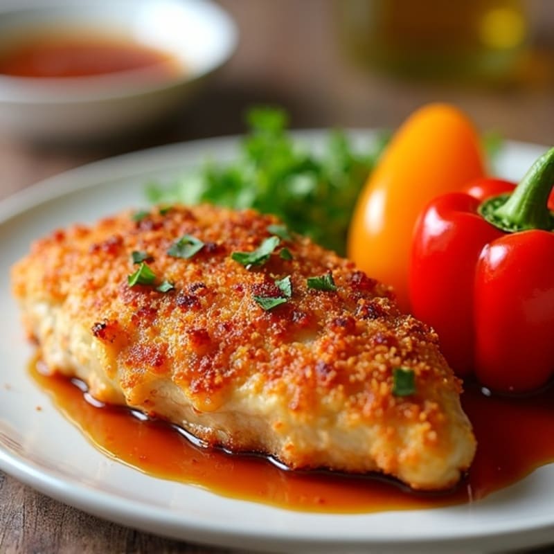 Crispy Baked Sweet and Sour Chicken with Roasted Bell Peppers