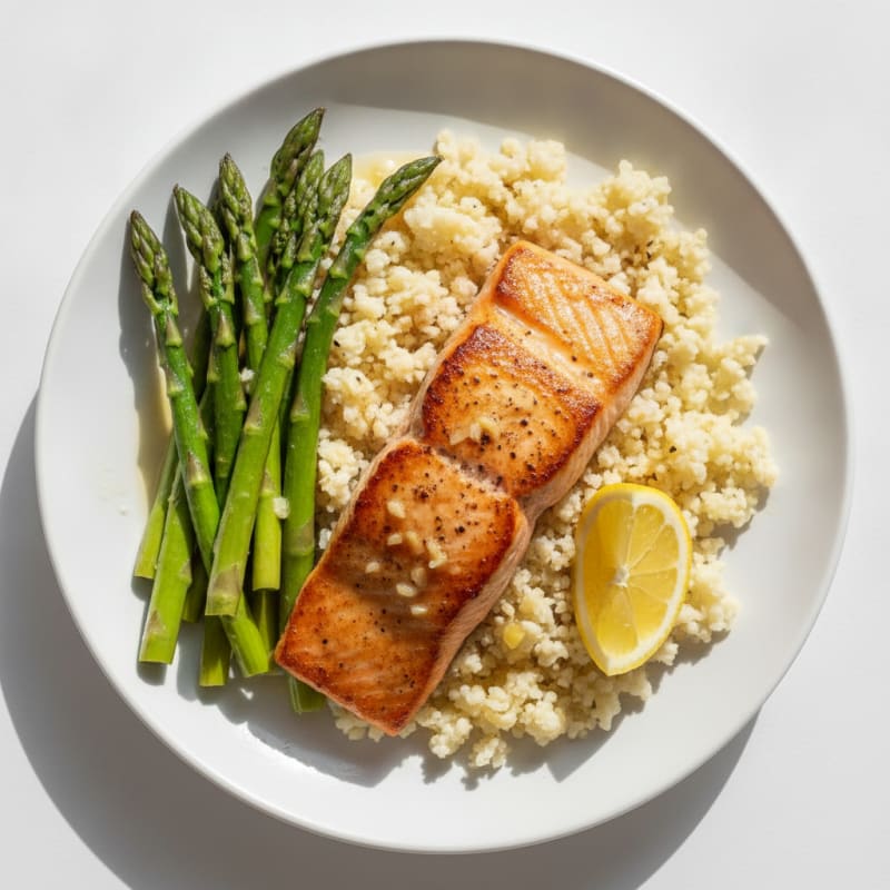 Seared Salmon with Cauliflower Rice and Asparagus