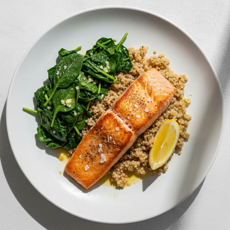 Seared Salmon Fillet with Quinoa and Garlic Sautéed Spinach