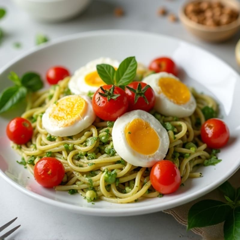 Creamy Avocado Pasta with Jammy Eggs and Burst Cherry Tomatoes
