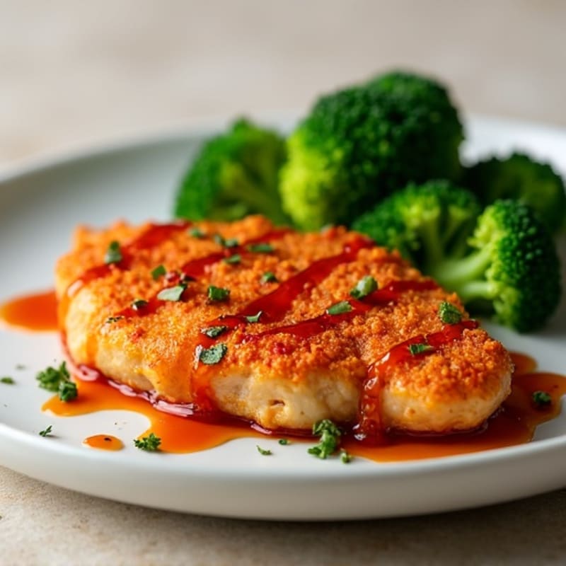 Crispy Baked Chicken with Sweet & Spicy Chili Glaze and Steamed Broccoli