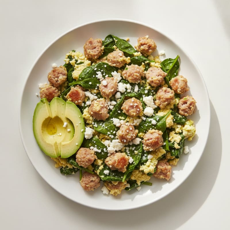 Egg White and Turkey Sausage Scramble with Spinach and Feta