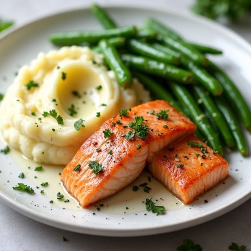 Seared Salmon Fillet with Garlic Green Beans and Herb Mashed Potatoes