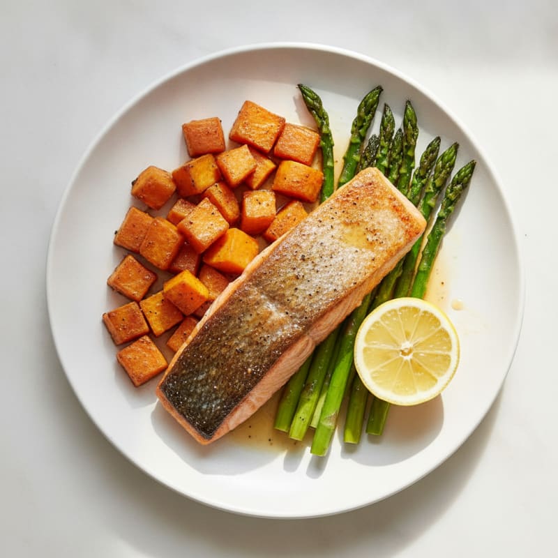 Seared Salmon with Roasted Sweet Potato and Asparagus
