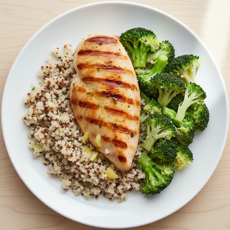 Grilled Chicken Breast with Steamed Broccoli and Quinoa