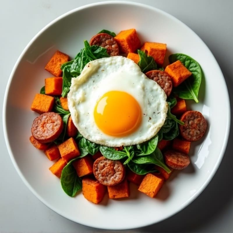 Crispy Sweet Potato Hash with Sunny-Side Up Eggs and Greens