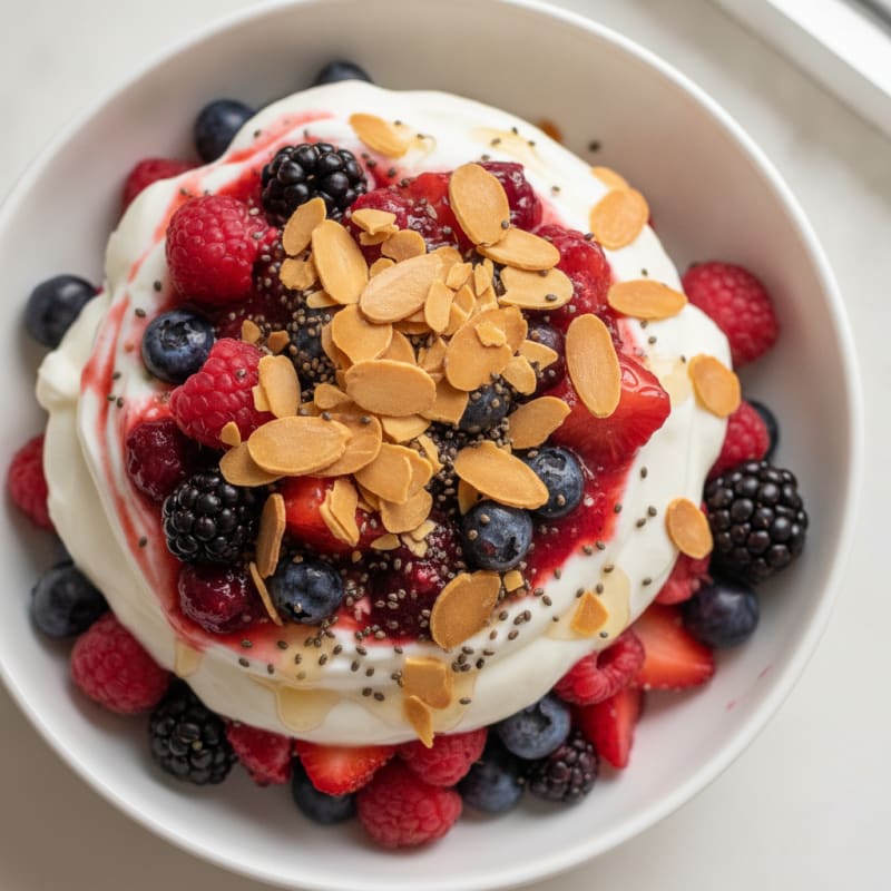 Greek Yogurt Protein Parfait with Mixed Berries and Almonds