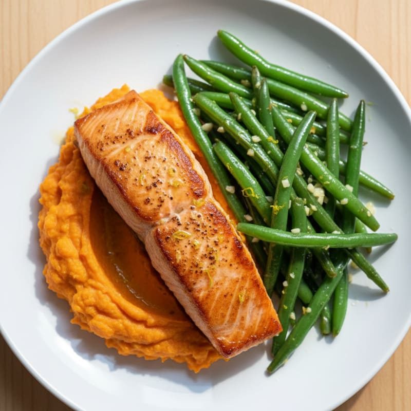 Seared Salmon with Garlic Green Beans and Sweet Potato Mash