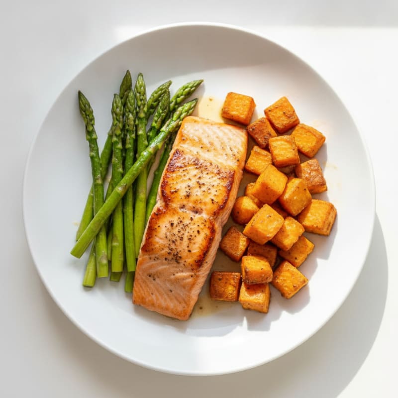 Seared Salmon with Roasted Sweet Potatoes and Asparagus