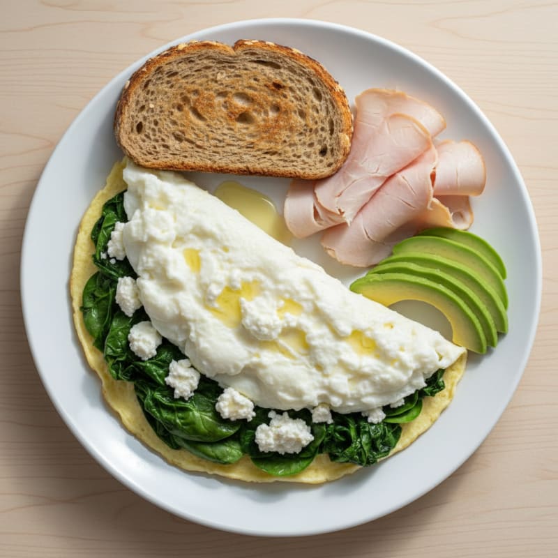 Egg White Spinach Omelette with Cottage Cheese and Sliced Turkey