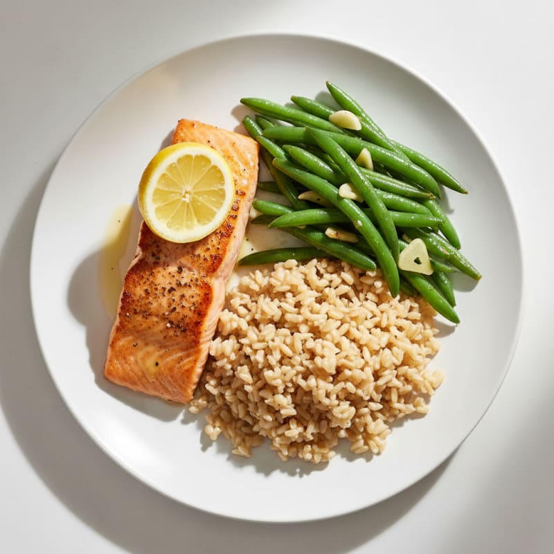 Seared Salmon with Garlic Green Beans and Steamed Brown Rice