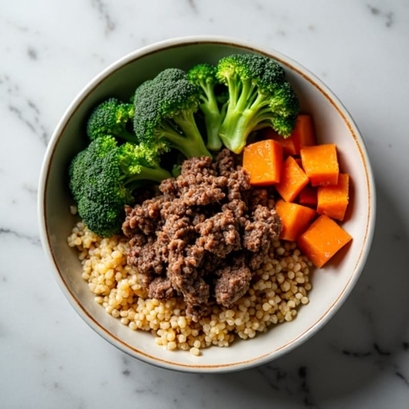 Savory Ground Beef and Quinoa Bowl with Roasted Sweet Potato, Broccoli, and Kale