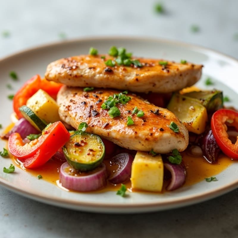 Sheet Pan Chicken and Roasted Vegetables with Creamy Red Pepper Hummus