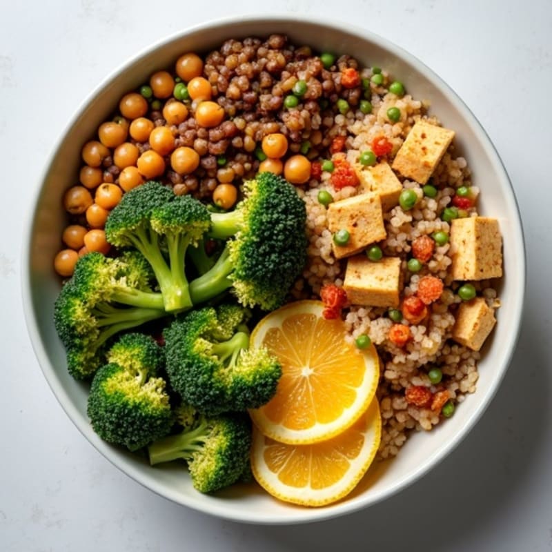 Lentil and Quinoa Power Bowl with Roasted Broccoli and Citrus-Tahini Dressing
