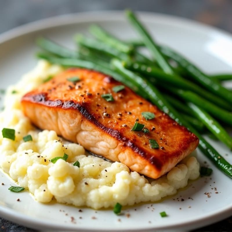 Pan-Seared Salmon with Garlic Green Beans and Mashed Cauliflower