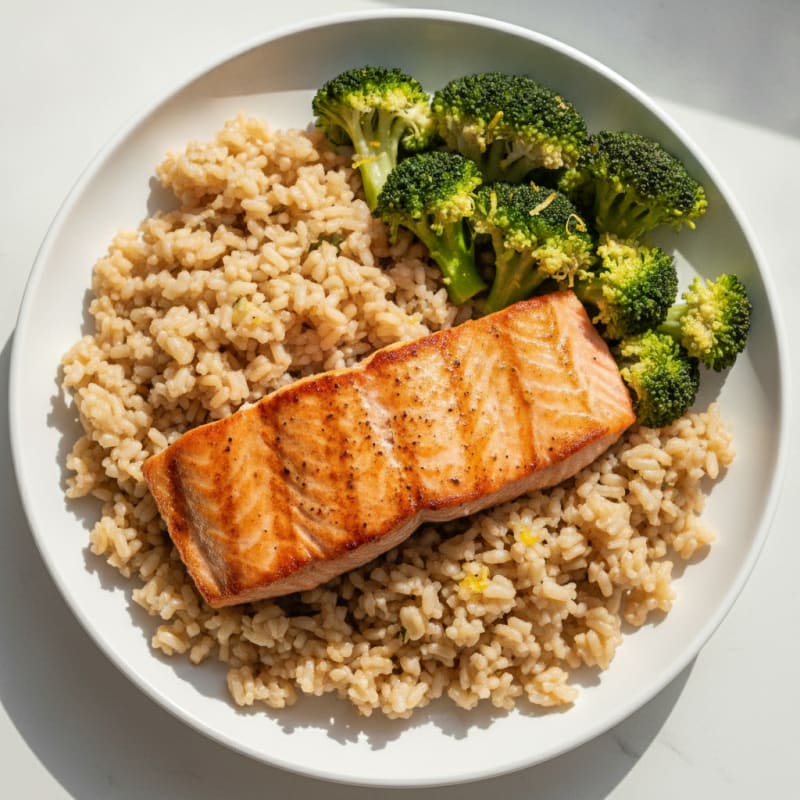 Seared Salmon with Steamed Broccoli and Garlic Brown Rice