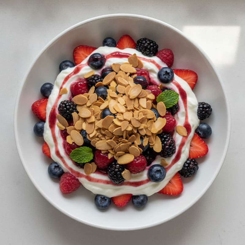 Greek Yogurt Protein Parfait with Mixed Berries and Almonds