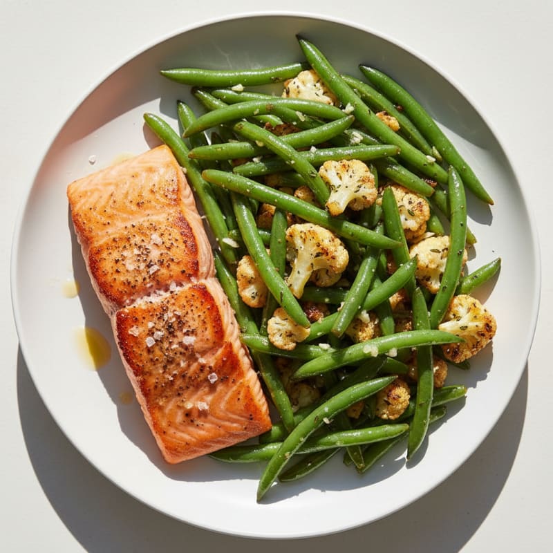 Seared Salmon with Garlic Green Beans and Roasted Cauliflower